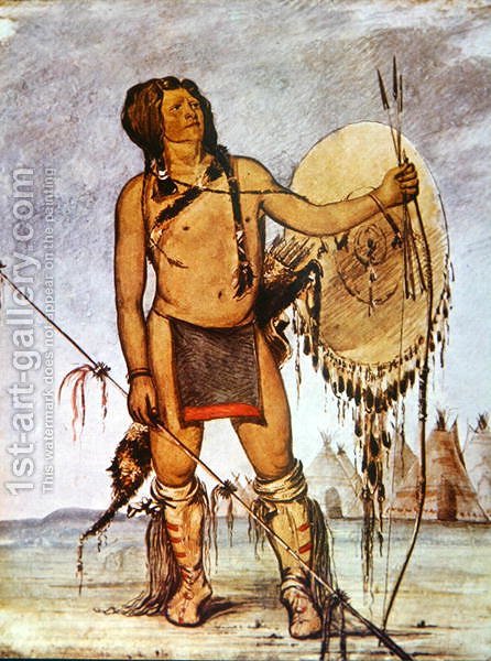 446x600 Comanche Warrior With A Shield, Lance And Bow And Arrows, C.1835 - Comanche Warrior Painting