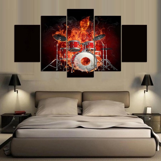 640x640 Hd Printed 5 Piece Wall Canvas Flame Skull Drums Fire Combine - Combine Painting
