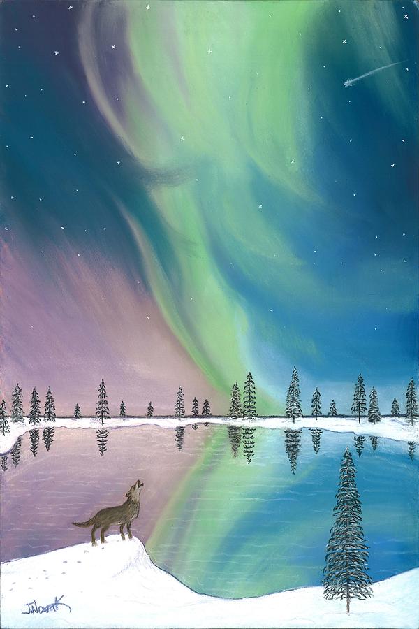 600x900 Northern Lights The Wolf And The Comet Painting By Jackie Novak - Comet Painting