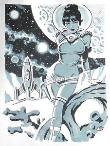 226x300 Original Space Girl Sci Fi Ufo Comic Art Illustration Painting - Comic Painting