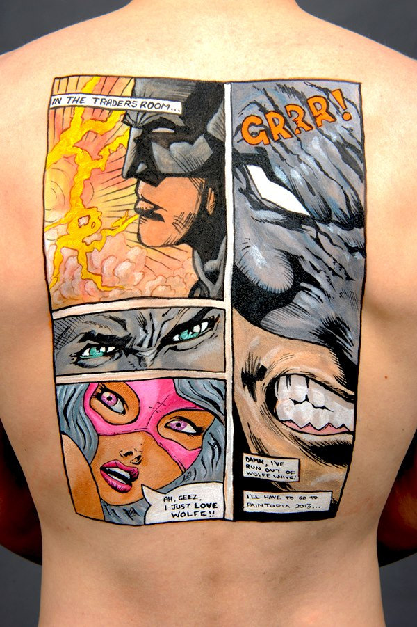 600x901 Batman And Marvel Comic Strip Freehand Body Paint By - Comic Strip Painting