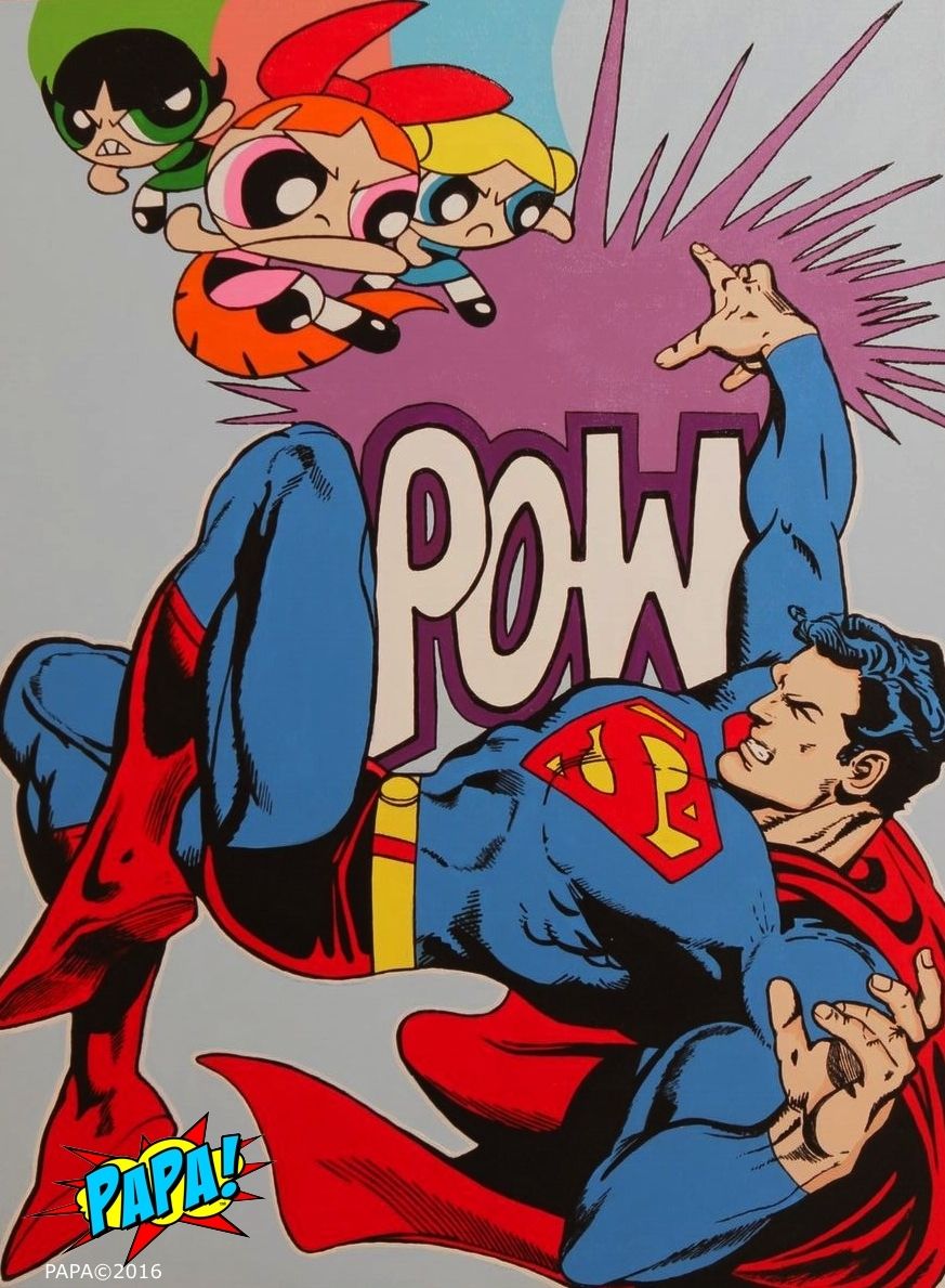 873x1189 Powerpuff Girls Cartoon Vs. Comic Style Superman Painting By Papa - Comic Style Painting