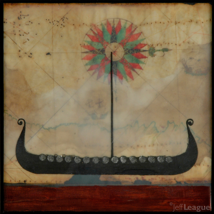 900x900 Encaustic Painting Over Antique Map Spirit Boat - Compass Rose Painting
