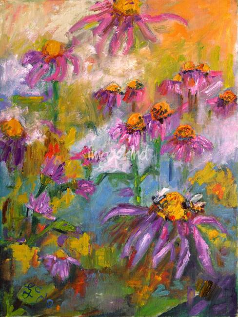 488x650 Purple Coneflower Amp Bees Oil Painting By Ginette By Ginette Callaway - Coneflower Painting