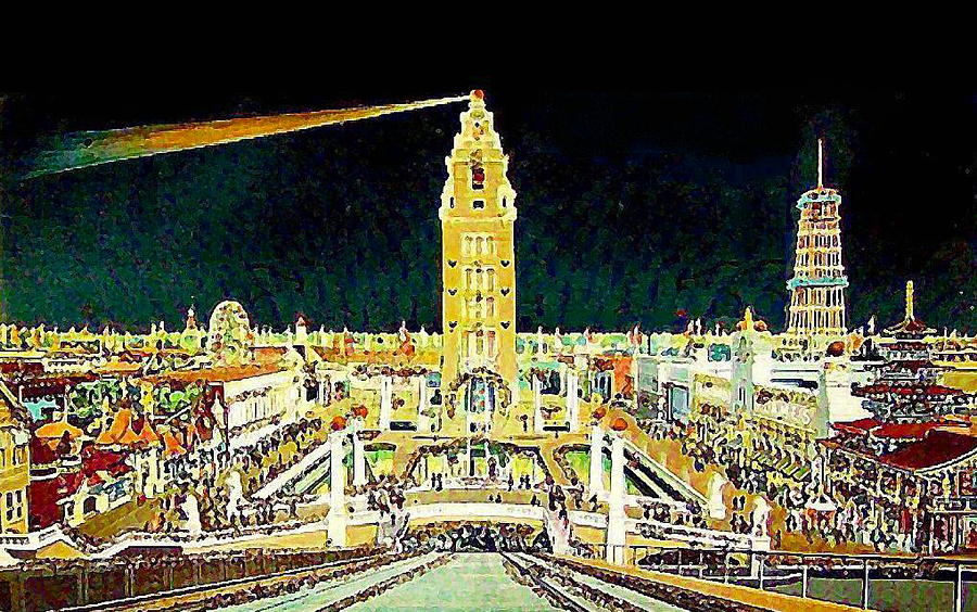 900x564 Dreamland And Coney Island At Night 1906 Painting By Dwight Goss - Coney Island Painting