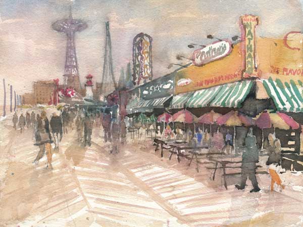 600x449 Nathan's Famous, Coney Island Boardwalk Thomas Bucci - Coney Island Painting