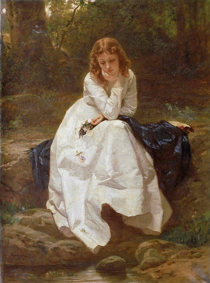 669x900 Young Woman Seated By A Stream. Contemplation Painting By Wilhelm - Contemplation Painting