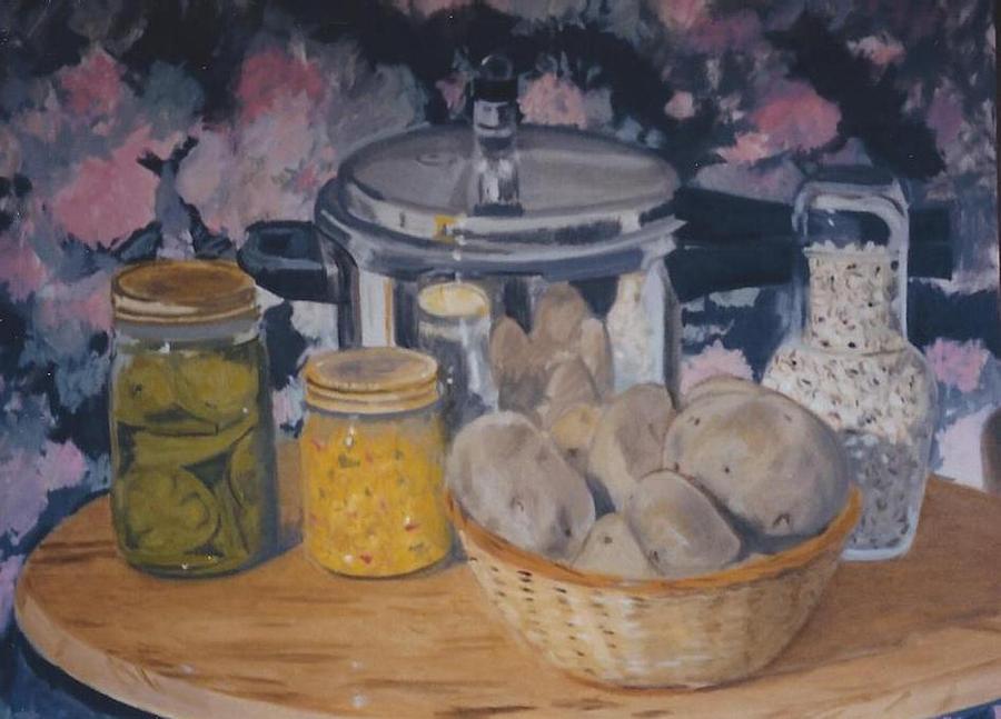 900x647 Still Life With Pressure Cooker Canned Vegetables And Potatoes - Cooker Painting