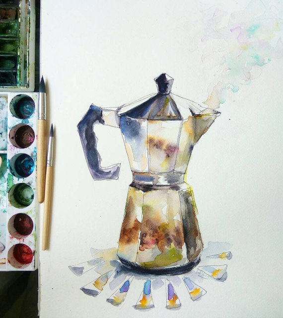 570x640 Coffee Pot On Stove, Original Watercolor Painting, Kitchen Decor - Cooker Painting