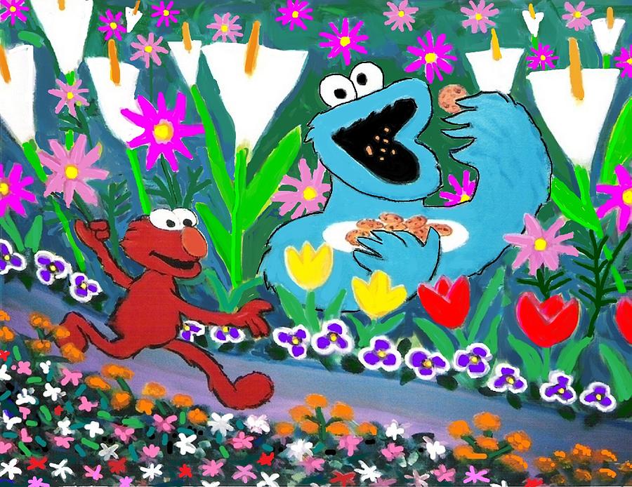 900x694 Elmo And The Cookie Monster Painting By Frank Strasser - Cookie Monster Painting