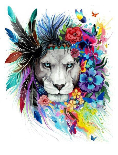 461x604 Lion With Feathers And Flowers. Cool Painting. Lion Of Judah - Cool Lion Painting