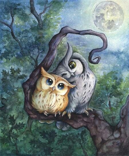 450x542 Two Wise Owls Under The Beautiful Full Moon. Whoever Drew - Cool Owl Painting