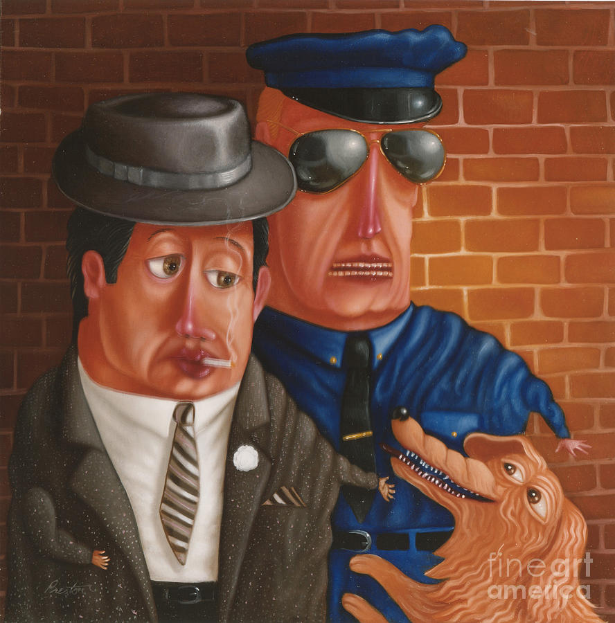 888x900 The Gangster The Cop And The Dog 1997 Painting By Lawrence Preston - Cop Painting