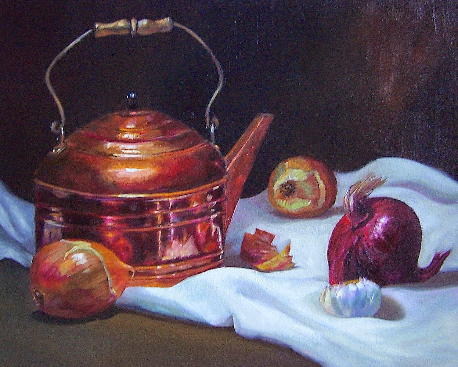 1501x1202 Donna Munsch Fine Art Original Oil Painting Copper And Onions - Copper Painting