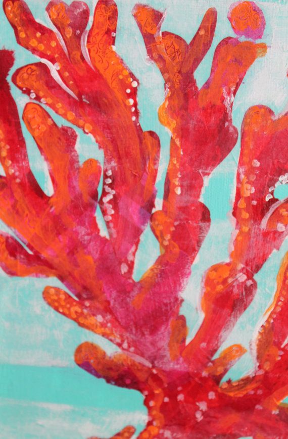 570x869 Coral Art Print Of Original Painting 18 X 24 Turquoise Red - Coral Painting