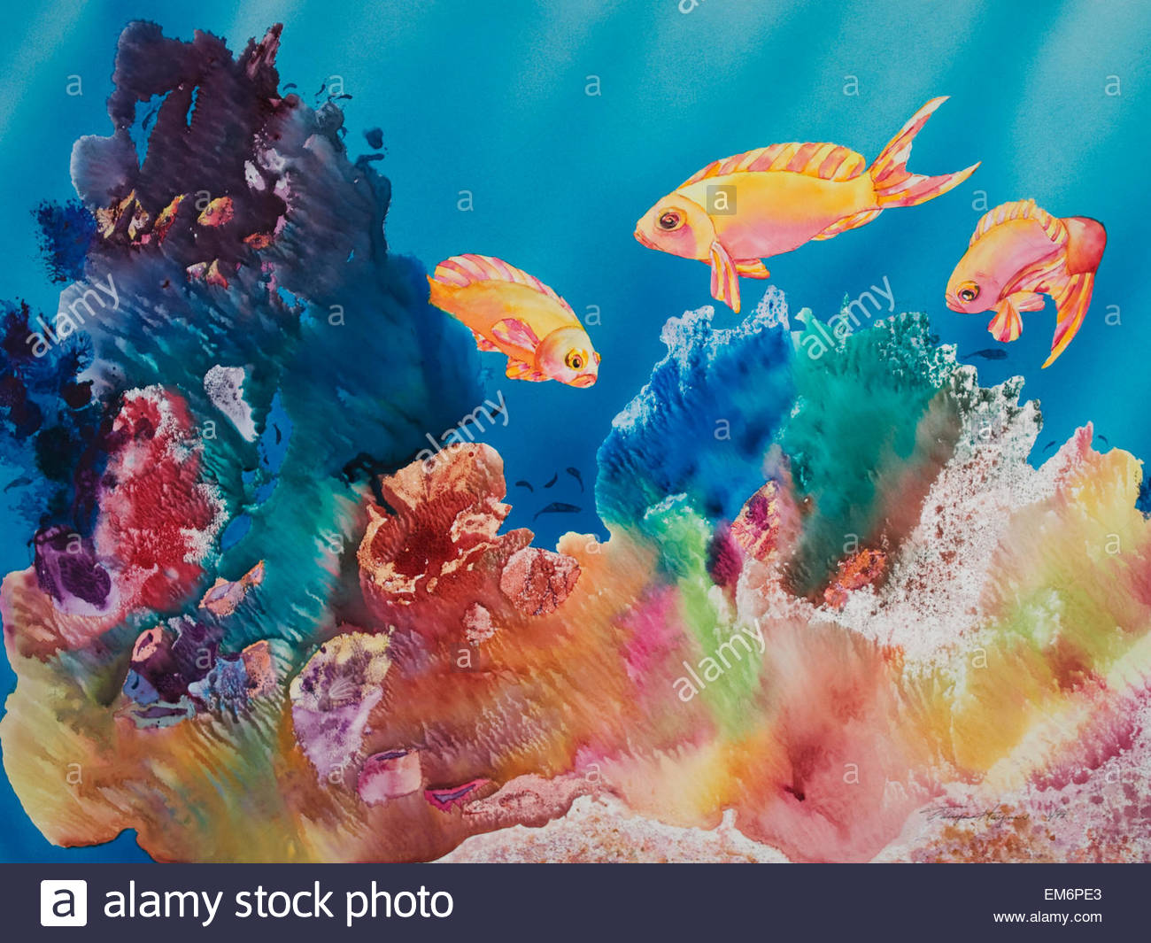 1300x1065 All Dressed Up, Tropical Reef Scene (Watercolor Painting Stock - Coral Reef Watercolor Painting