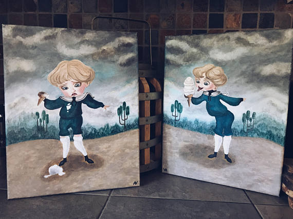 570x427 Two Acrylic Reproductions Of Paintings Of Boring Blue Boy - Coraline Painting