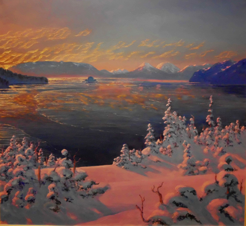 500x460 Sunset Little Mummy Island Cordova, Alaska By David Rosenthal Painting - Cordova Painting