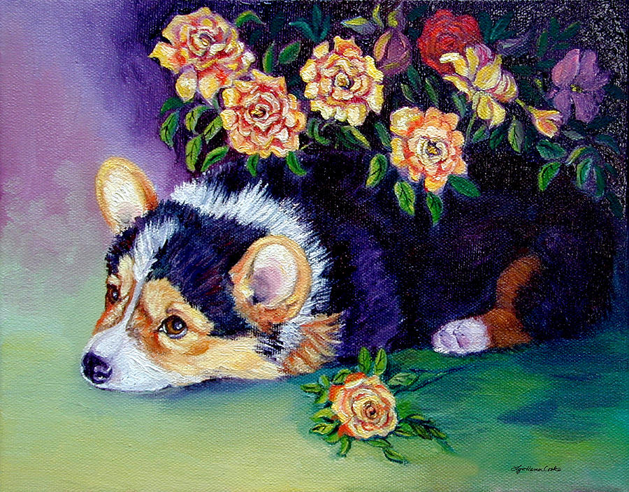 900x704 Roses - Corgi Painting