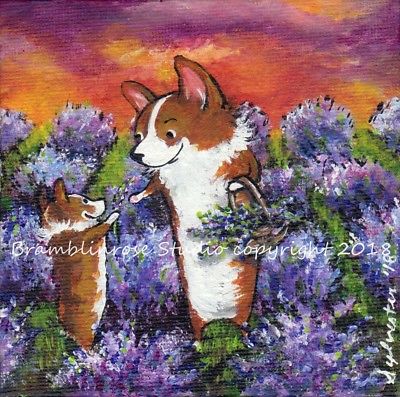 400x397 Welsh Pembroke Corgi Painting Dog Puppy Lavender Fields Original - Corgi Painting