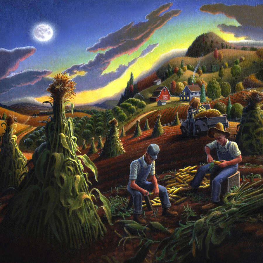 900x900 Shucking Corn Harvest Sunset Country Farm Life Landscape - Corn Painting