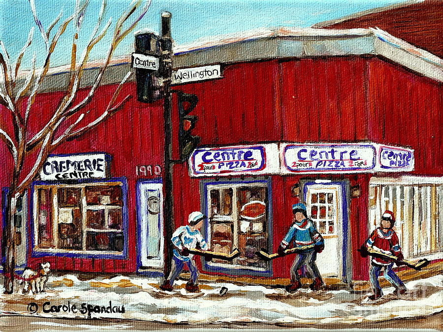 900x675 Montreal Corner Restaurant Centre Pizza Hockey Art Winter Scene - Corner Cafe Painting