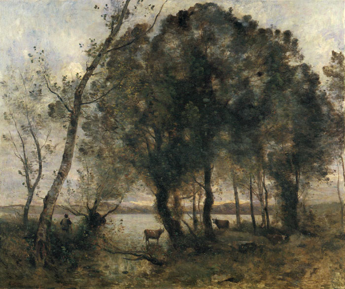700x588 The Lake, 1861 - Corot Painting