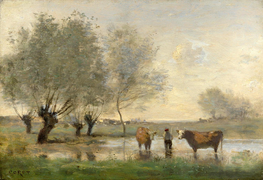 900x617 Cows In A Marshy Landscape Painting By Jean Baptiste Camille Corot - Corot Painting