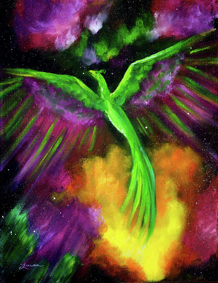 696x900 Green Phoenix In Bright Cosmos Painting By Laura Iverson - Cosmos Painting