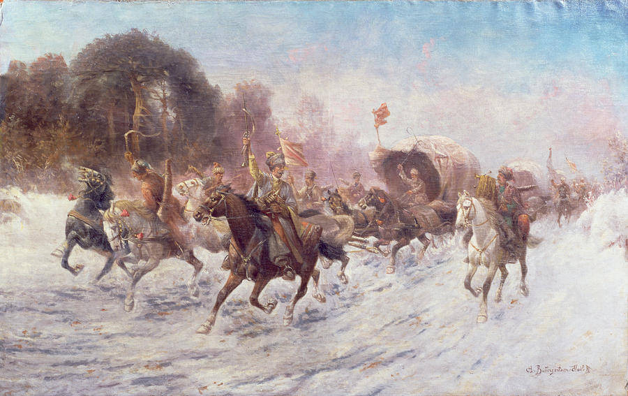 900x567 Cossacks In A Winter Landscape Painting By Anton Baumgartner Stoiloff - Cossack Painting