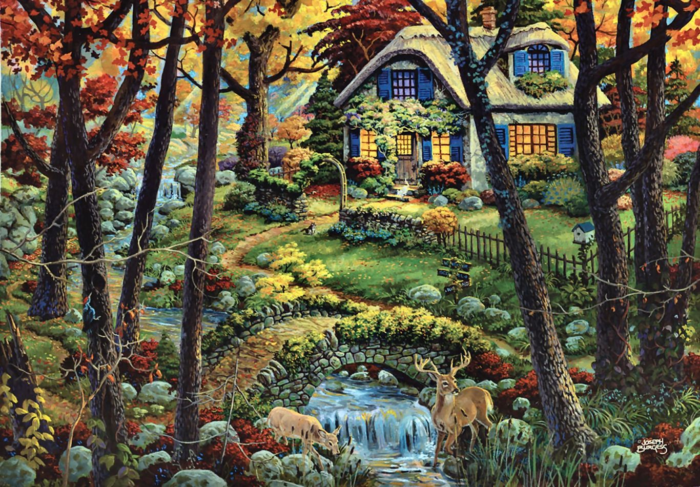 1366x950 Cottage Woods F2mp Deer Painting Architecture Forest Scenery - Cottage In The Woods Painting