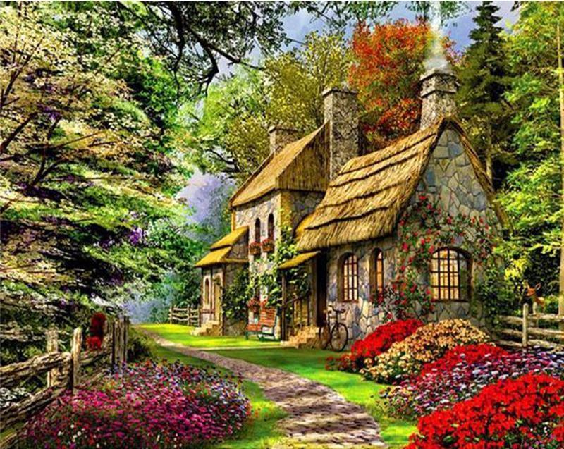 800x637 Diy Painting By Number Kit - Cottage In The Woods Painting