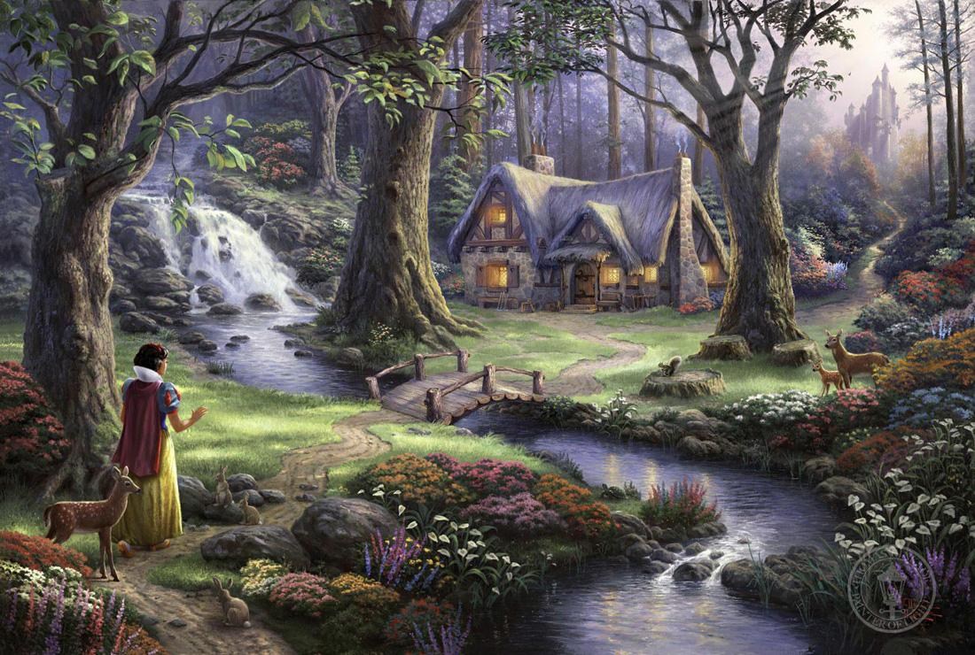 1100x740 Thomas Kinkade Snow White Discovers The Cottage Painting Best - Cottage In The Woods Painting