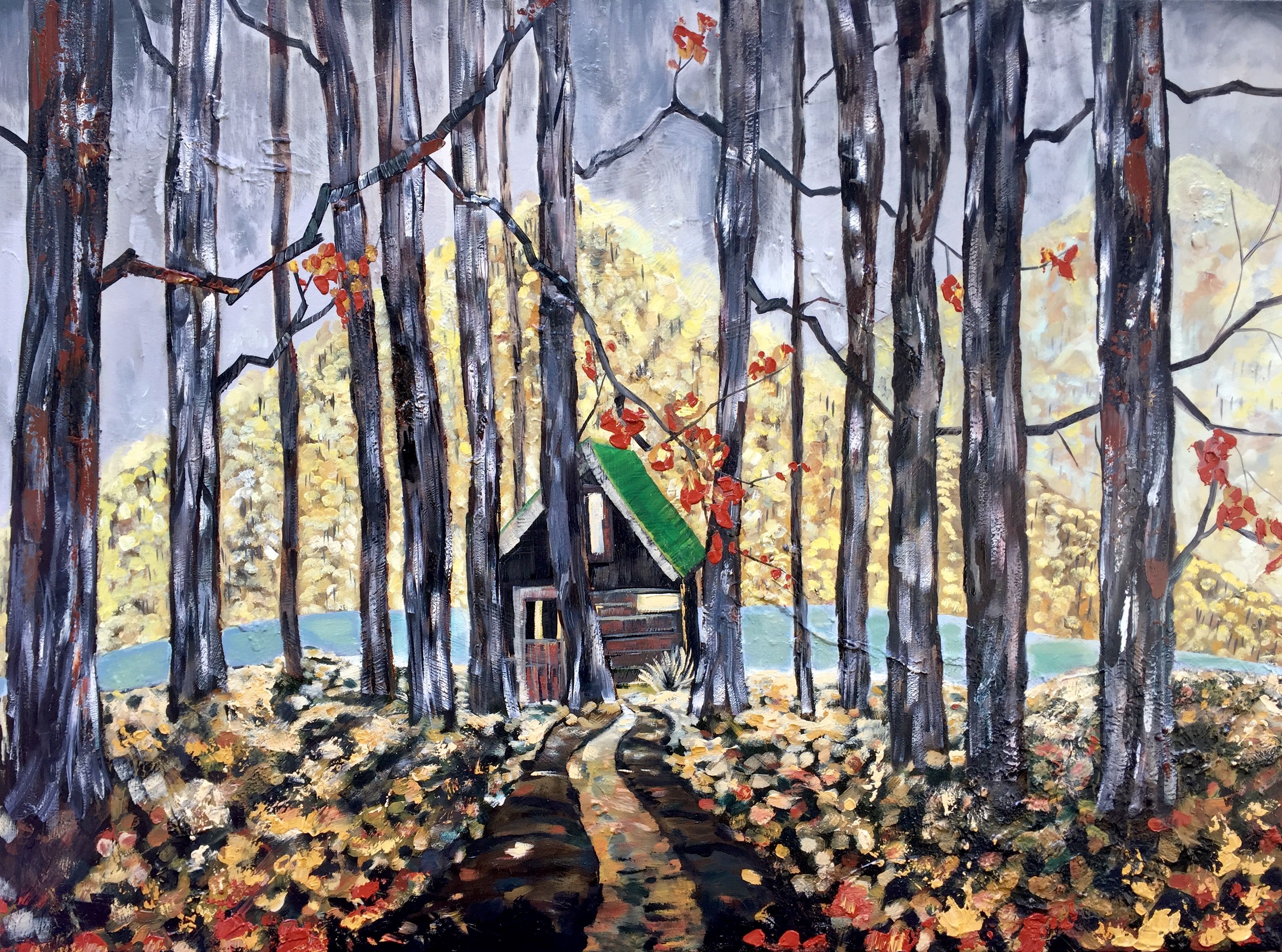 3232x2401 Cabin In The Woods Painting Tree Landscape The Artworks Of Emily - Cottage In The Woods Painting