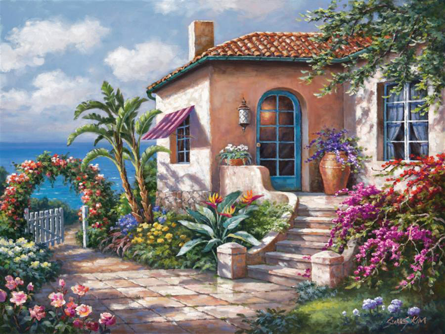900x675 Sung Kim Coastal Cottage View Painting Anysize 50% Off - Cottage Painting