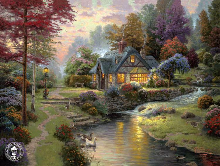 750x565 Thomas Kinkade Stillwater Cottage Painting Framed Paintings For Sale - Cottage Painting