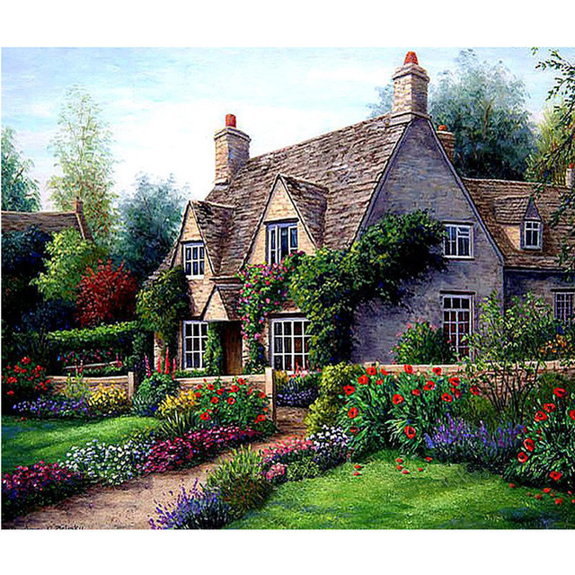 640x640 Diy Diamond Painting Landscape Garden Cottage New 5d Cross Stitch - Cottage Painting
