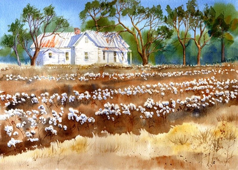 800x571 Cotton Fields Back Home Giclee Print From Original Watercolor - Cotton Field Painting