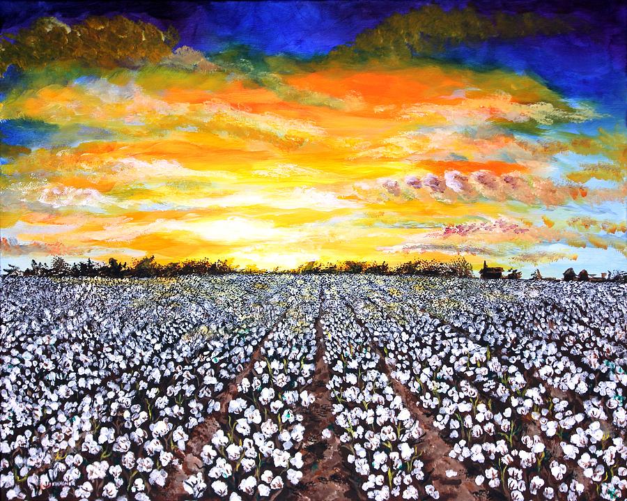 900x719 Mississippi Delta Cotton Field Sunset Painting By Karl Wagner - Cotton Field Painting