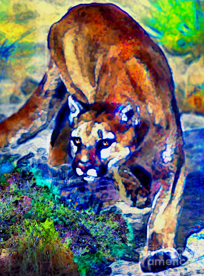 665x900 Crouching Cougar Painting By Elinor Mavor - Cougar Painting