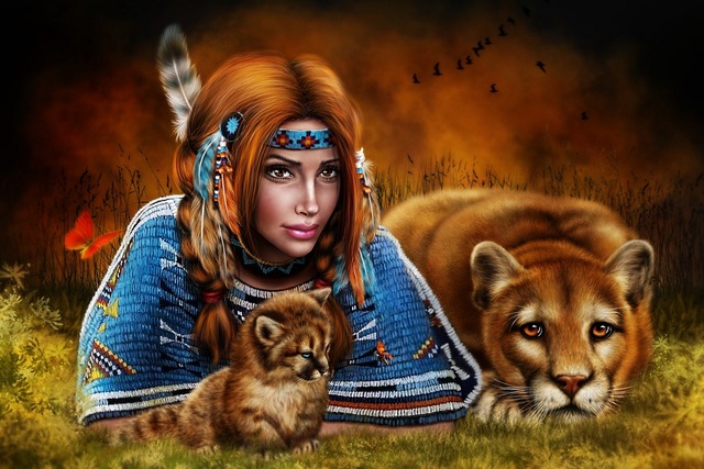 640x427 Indian Girl Beast Monster Fantasy Art Painting Cougar Cub Se10 - Cougar Painting