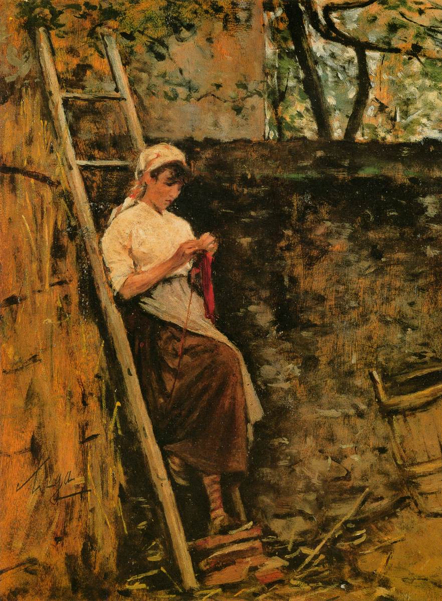882x1200 Art Of The Day Silvestro Lega, Country Girl Leaning Against A Ladder - Country Girl Painting