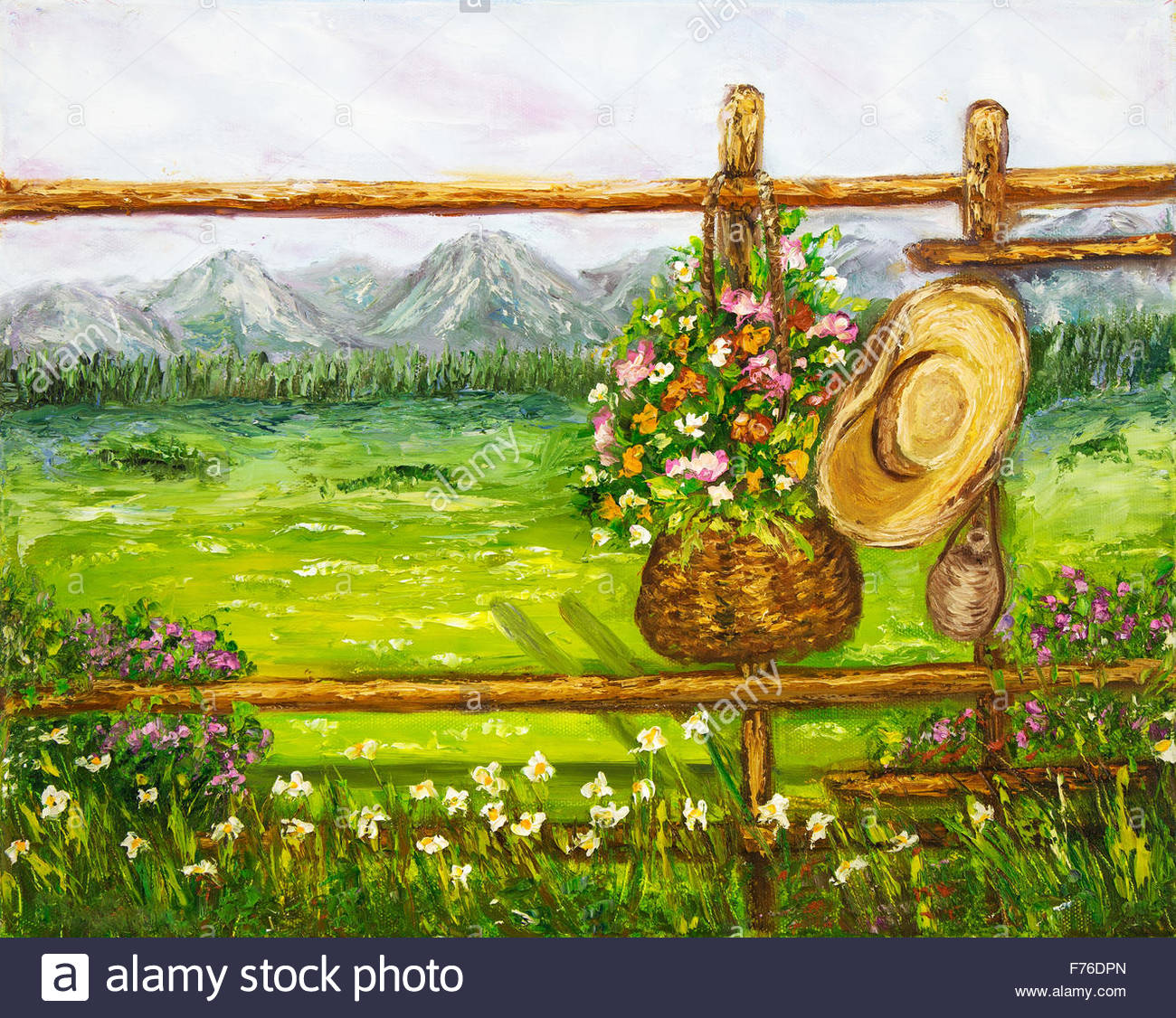 1300x1126 Original Oil Painting Showing Ancient Country Fence With Flowers - Country Oil Painting