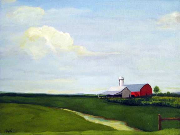 575x432 Spring Corn Red Barn Farm Country Rural Landscape Oil Painting By - Country Oil Painting