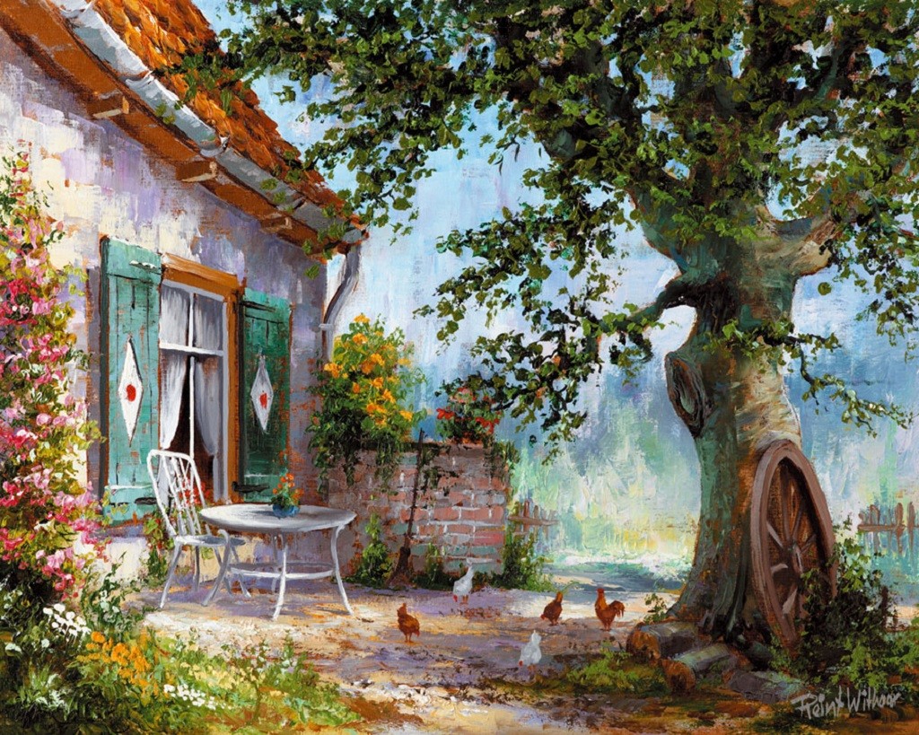 1024x819 Other Nature Country Painting Cortiyard Courtiyard Hd Desktop - Country Painting