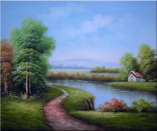 547x456 Framed Country Road Passing By A Small Pond Oil Painting Landscape - Country Road Painting