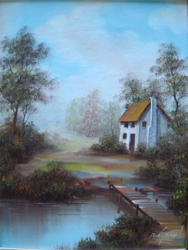 375x500 Original R Gibson Signed Landscape Oil Painting Country Scene Farm - Country Scene Painting