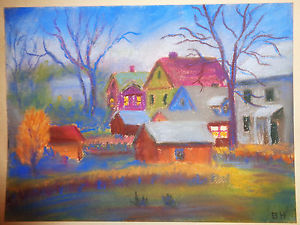 300x225 Vintage Original Pastel Painting Country Scene With Houses Signed - Country Scene Painting