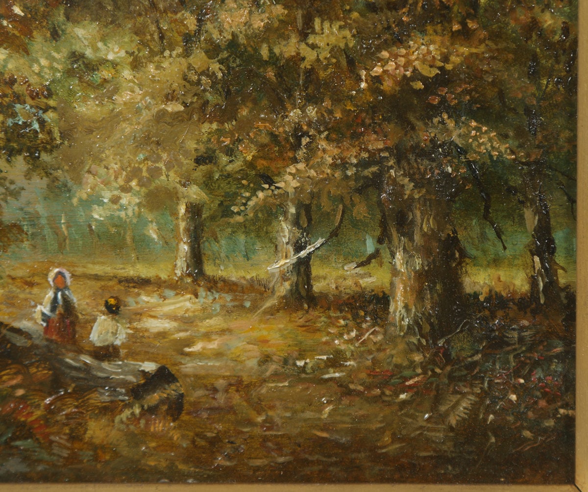 1200x1004 Antique English Small Oil Painting Of Forest Country Scene - Country Scene Painting