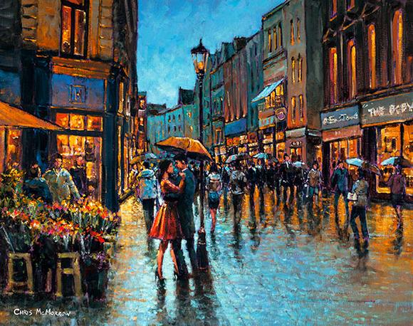 580x458 Painting Print Of Couple With An Umbrella Dancing On Grafton Street - Couple Dancing In The Rain Painting